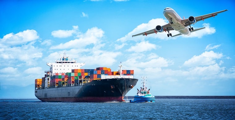 Container Fracht Frachtschëffer a Frachtfliger fir logistesch Import Exporthannergrond